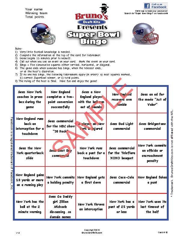 5x5 Super Bowl Bingo Card