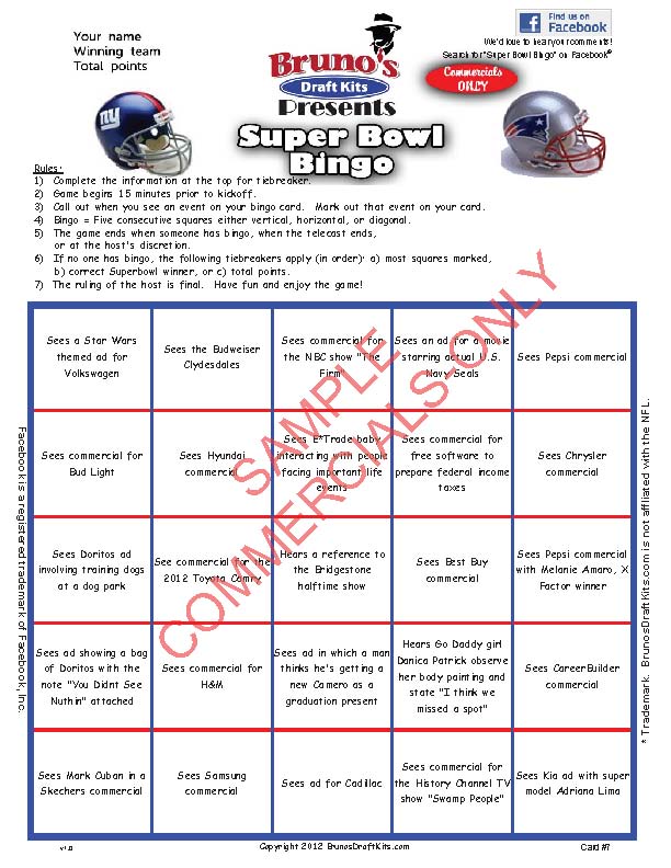Super Bowl Commercial Bingo Card